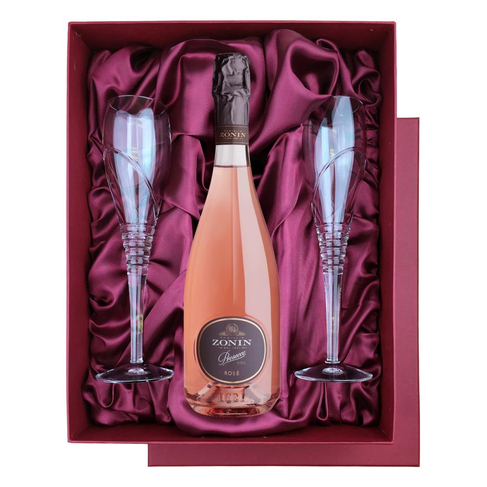 Zonin Rose Prosecco D.O.C 75cl in Red Luxury Presentation Set With Flutes